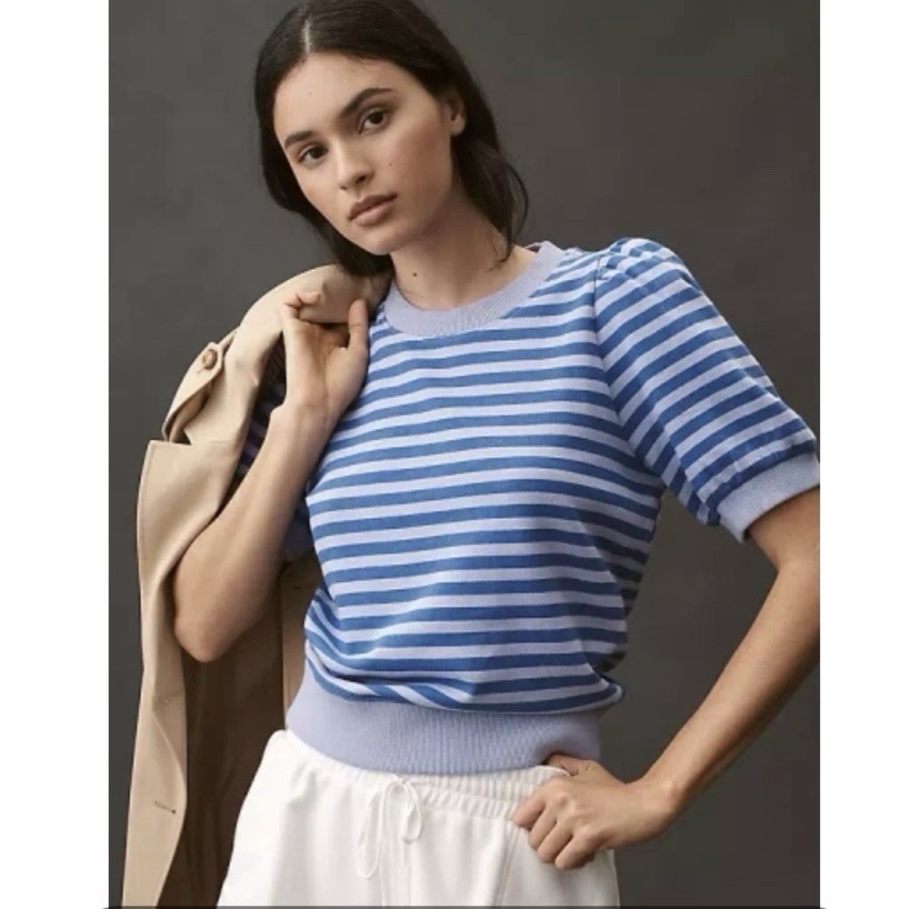 MAEVE ANTHROPOLOGIE Puff-Sleeve Sweatshirt Tee Size XL Blue Striped Short Sleeve